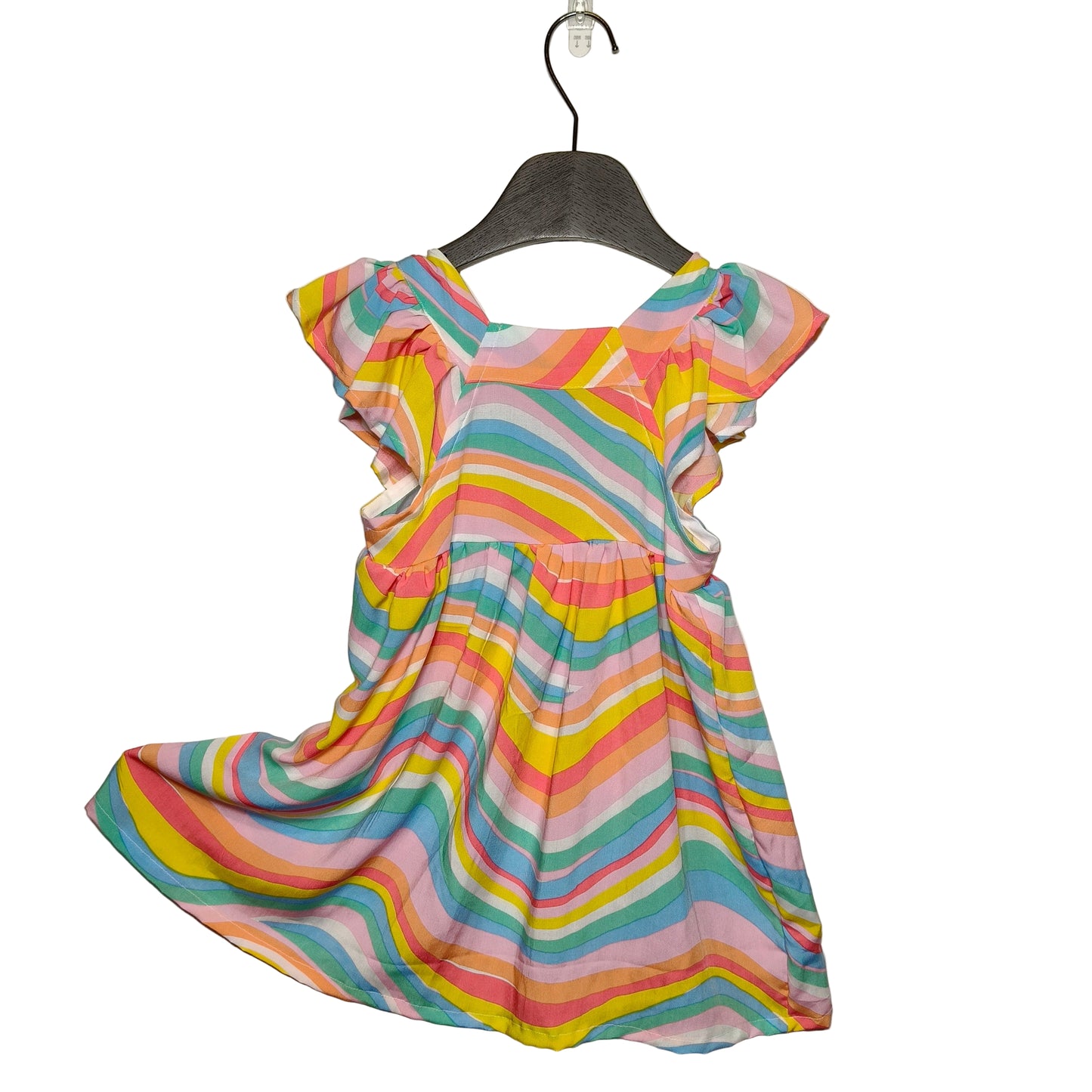 A multicolored striped ruffle dress for toddlers, displayed on a hanger against a white background.