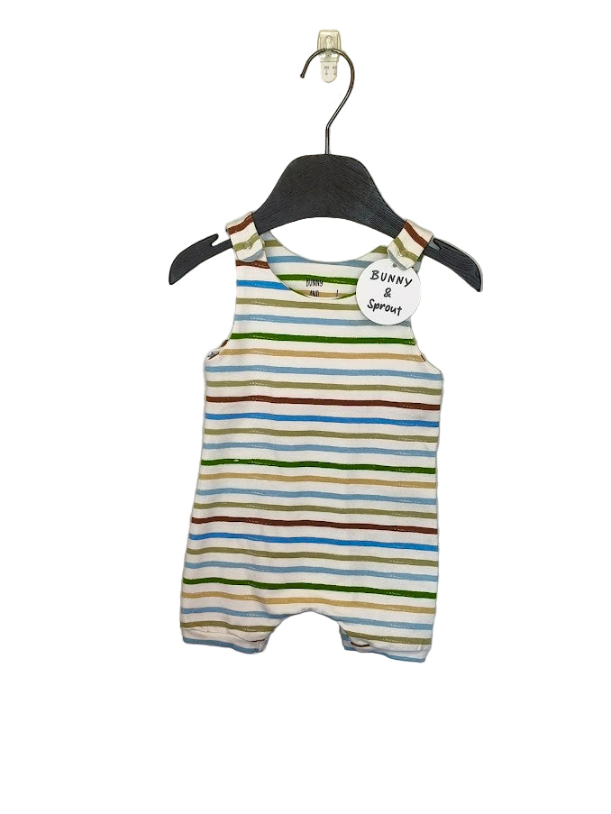 Striped baby romper on a hanger with a 'Bunny & Sprout' tag against a plain background