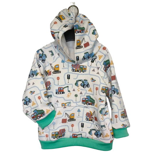 Children's hoodie with transportation-themed pattern on a gray background