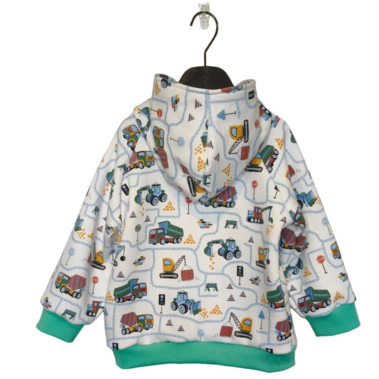Children's hoodie with vehicle pattern on a hanger against a gray background